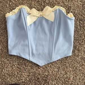 Blue Corset Top with Cream Lace and Bow